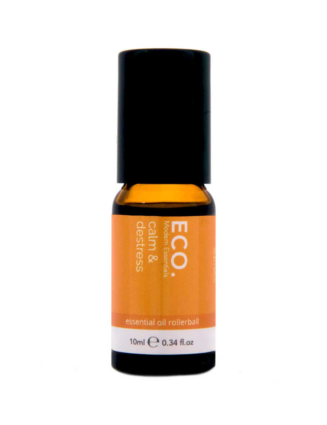 The ECO. Modern Essentials Calm & Destress Essential Oil Rollerball 10ml comes in an amber glass bottle with black cap and orange label showing "ECO," perfect for portable aromatherapy. The label lists the volume as 0.34 fl. oz.