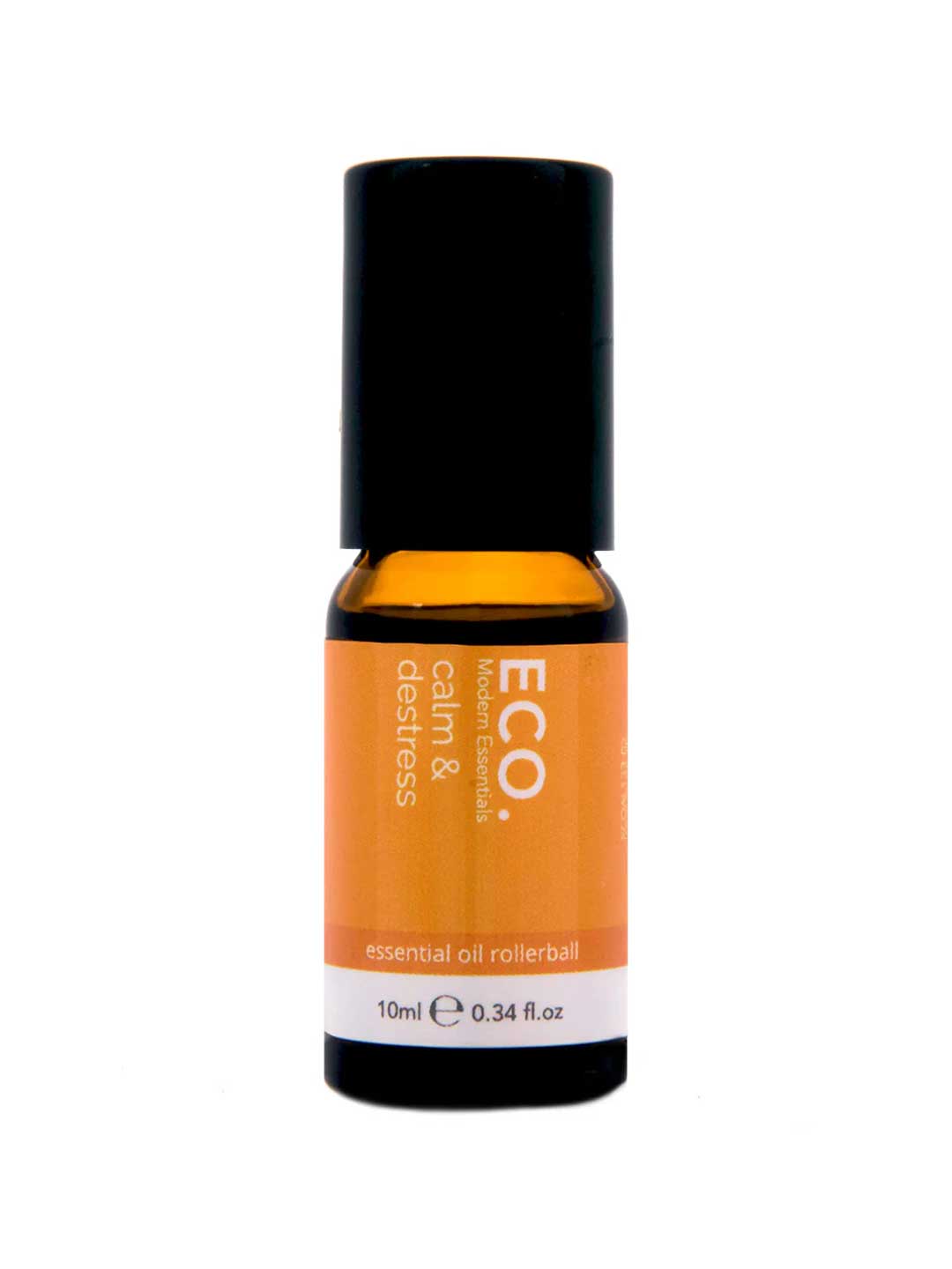 The ECO. Modern Essentials Calm & Destress Essential Oil Rollerball 10ml comes in an amber glass bottle with black cap and orange label showing "ECO," perfect for portable aromatherapy. The label lists the volume as 0.34 fl. oz.