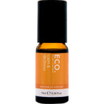 The ECO. Modern Essentials Calm & Destress Essential Oil Rollerball 10ml comes in an amber glass bottle with black cap and orange label showing "ECO," perfect for portable aromatherapy. The label lists the volume as 0.34 fl. oz.