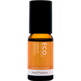 The ECO. Modern Essentials Calm & Destress Essential Oil Rollerball 10ml comes in an amber glass bottle with black cap and orange label showing "ECO," perfect for portable aromatherapy. The label lists the volume as 0.34 fl. oz.