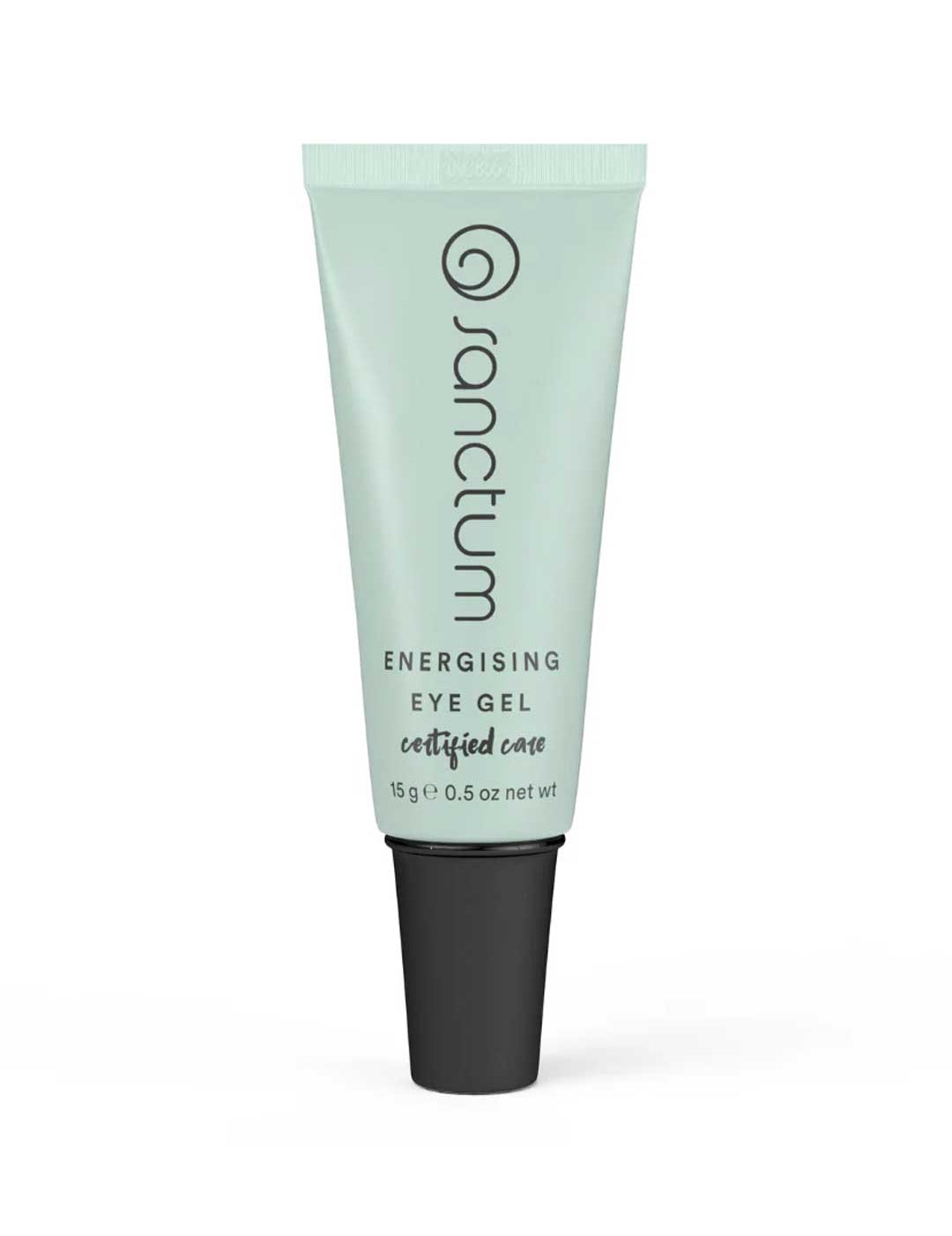 A mint green tube of Sanctum Energising Eye Gel 15g, featuring a black cap and black text. This organic skincare from Sanctum helps reduce dark circles for a brighter, refreshed look.