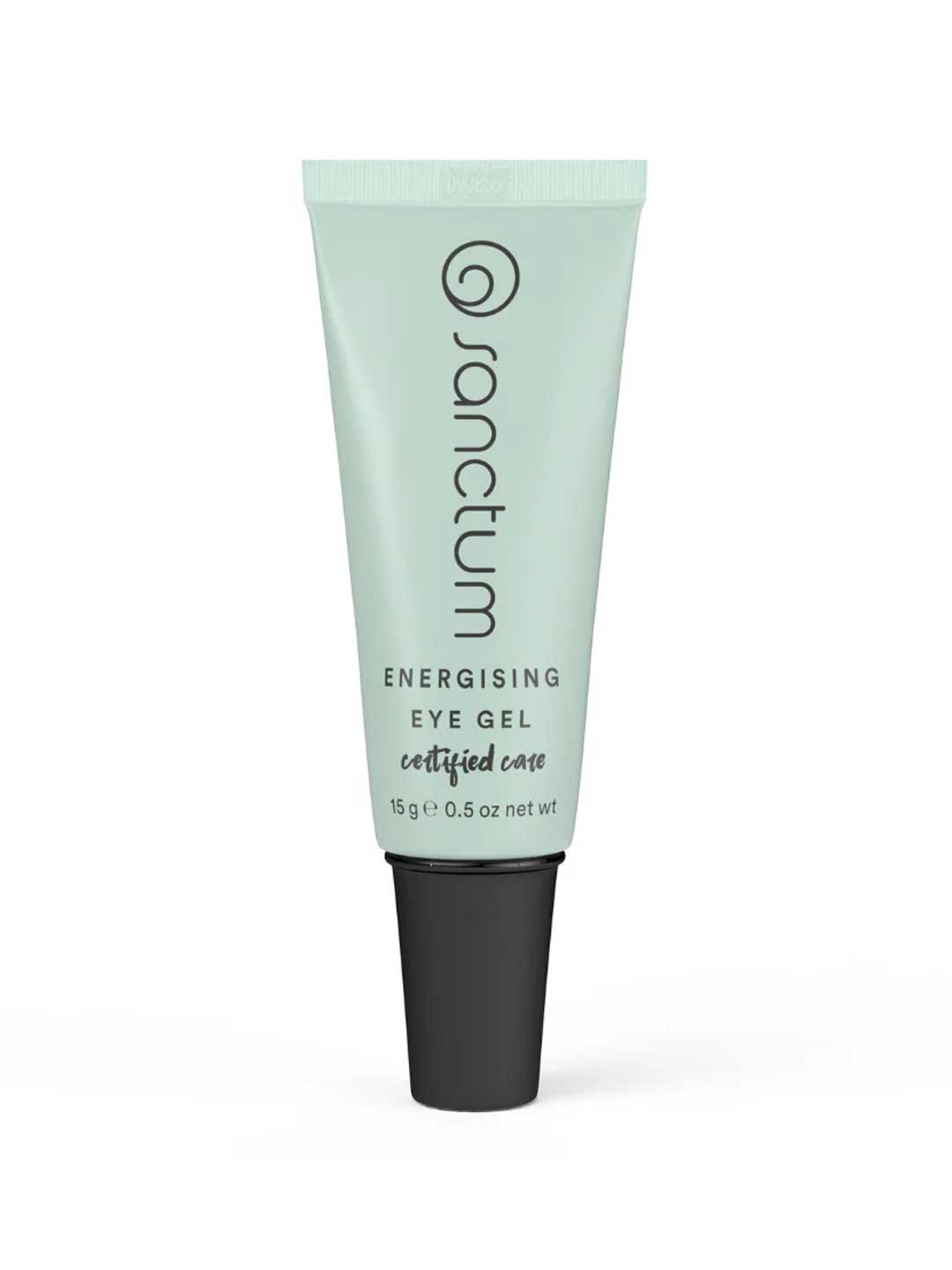 A mint green tube of Sanctum Energising Eye Gel 15g, featuring a black cap and black text. This organic skincare from Sanctum helps reduce dark circles for a brighter, refreshed look.