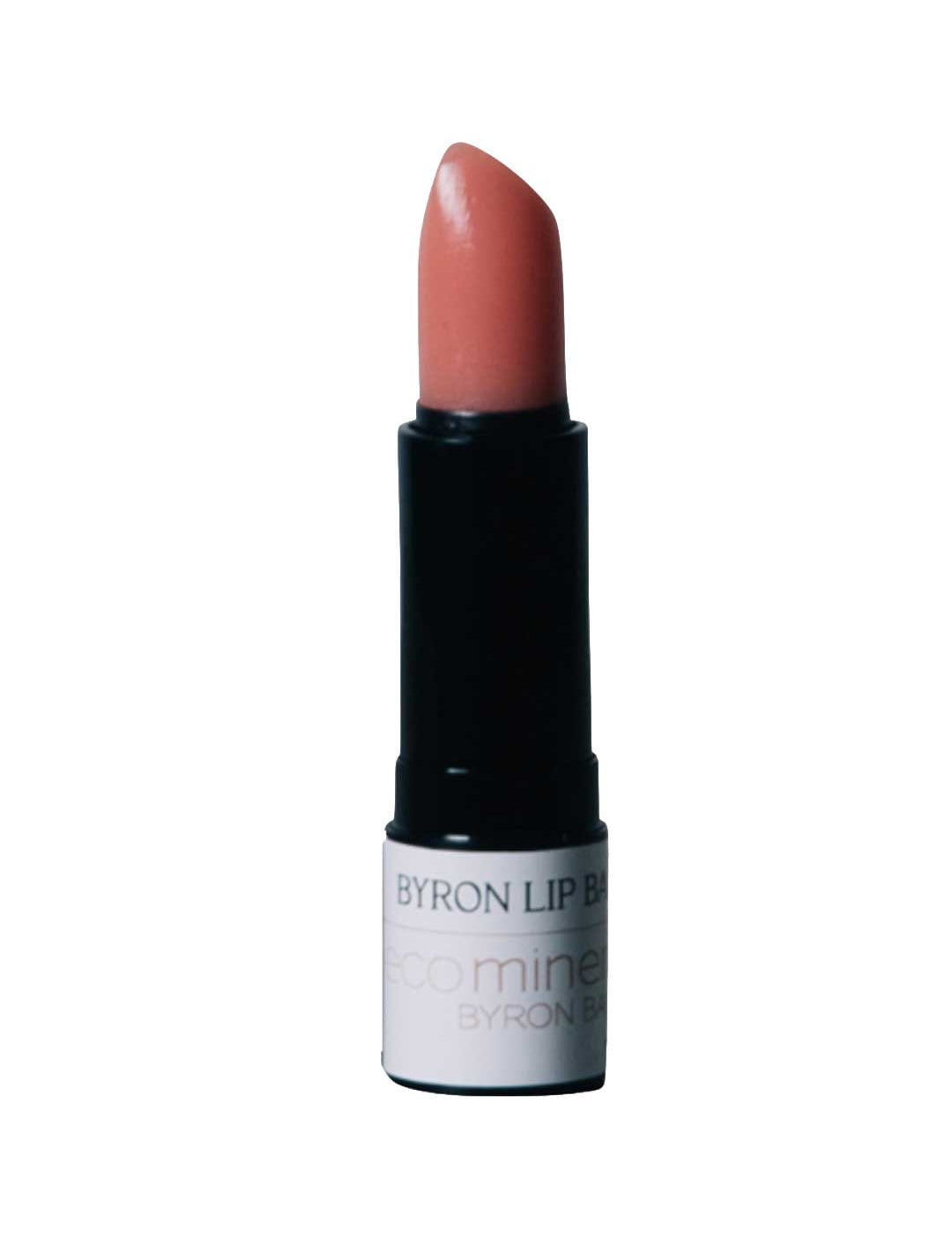 A hydrating pink Eco Minerals Byron Lip Balm 4g in a black tube with a white label stands upright against a white background; this unused vegan lipstick is made with natural ingredients.