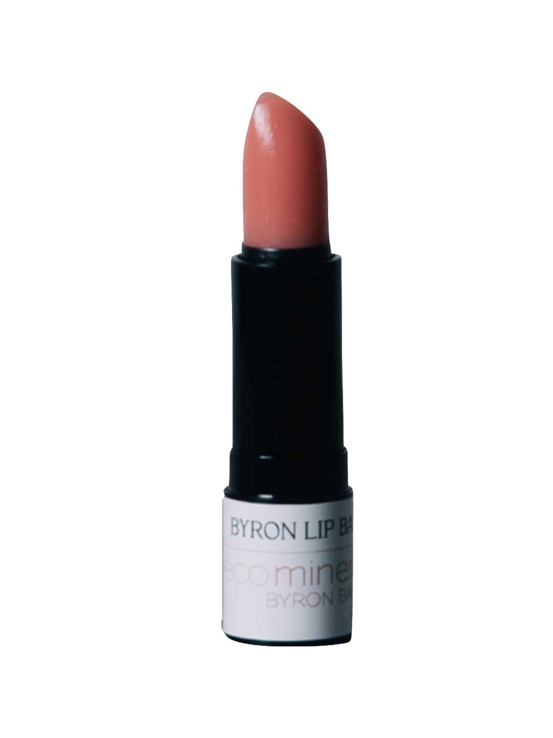 A hydrating pink Eco Minerals Byron Lip Balm 4g in a black tube with a white label stands upright against a white background; this unused vegan lipstick is made with natural ingredients.