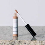 The Eco Minerals Mineral Concealer 5g, featuring a black cap and applicator wand, stands upright on a speckled stone surface with a plain light gray background.