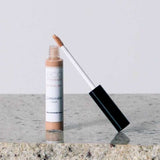 The Eco Minerals Mineral Concealer 5g, featuring a black cap and applicator wand, stands upright on a speckled stone surface with a plain light gray background.