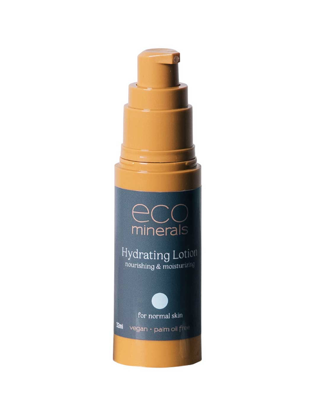 A 32ml bottle of Eco Minerals Hydrating Lotion, a vegan moisturiser for normal skin with a pump dispenser. The gold bottle has a dark blue label and is described as nourishing and moisturizing.