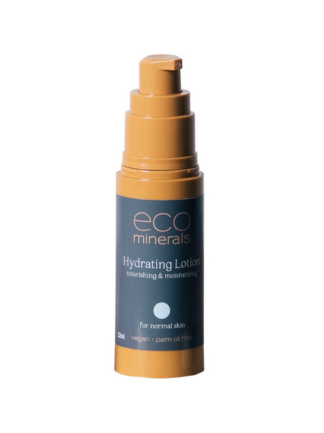 A 32ml bottle of Eco Minerals Hydrating Lotion, a vegan moisturiser for normal skin with a pump dispenser. The gold bottle has a dark blue label and is described as nourishing and moisturizing.