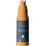 A 32ml bottle of Eco Minerals Hydrating Lotion, a vegan moisturiser for normal skin with a pump dispenser. The gold bottle has a dark blue label and is described as nourishing and moisturizing.