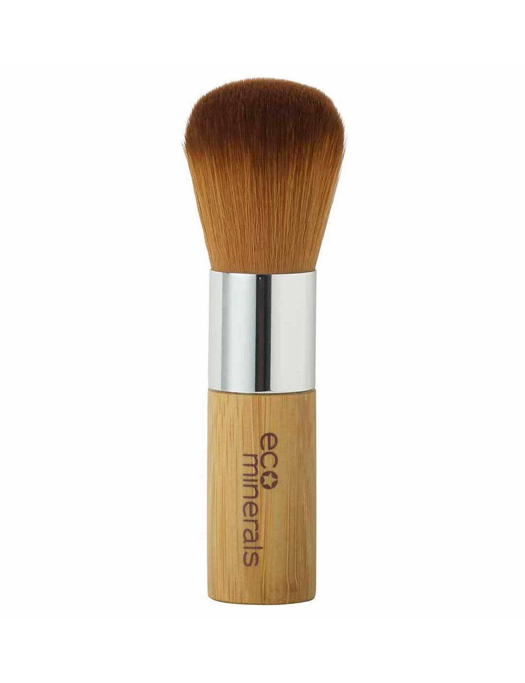 The Eco Minerals Kabuki Brush is a vegan makeup brush featuring soft brown bristles, a silver metal ferrule, and a bamboo handle for a flawless finish.