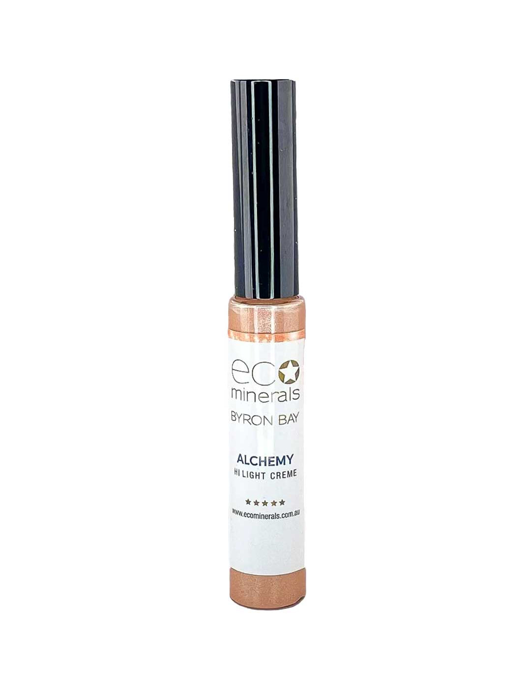 A tube of Eco Minerals Mineral Alchemy High Light Creme 8g with a black cap and white label with gold accents is displayed against a plain white background, offering a luminous glow.
