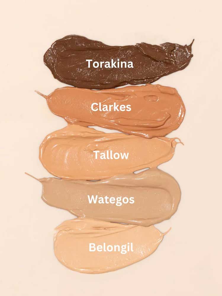 Five swatches of Eco Minerals Mineral BB Cream 32ml shades—Torakina, Clarkes, Tallow, Wategos, and Belongil—are shown vertically from darkest to lightest on a light background.
