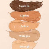 Five swatches of Eco Minerals Mineral BB Cream 32ml shades—Torakina, Clarkes, Tallow, Wategos, and Belongil—are shown vertically from darkest to lightest on a light background.
