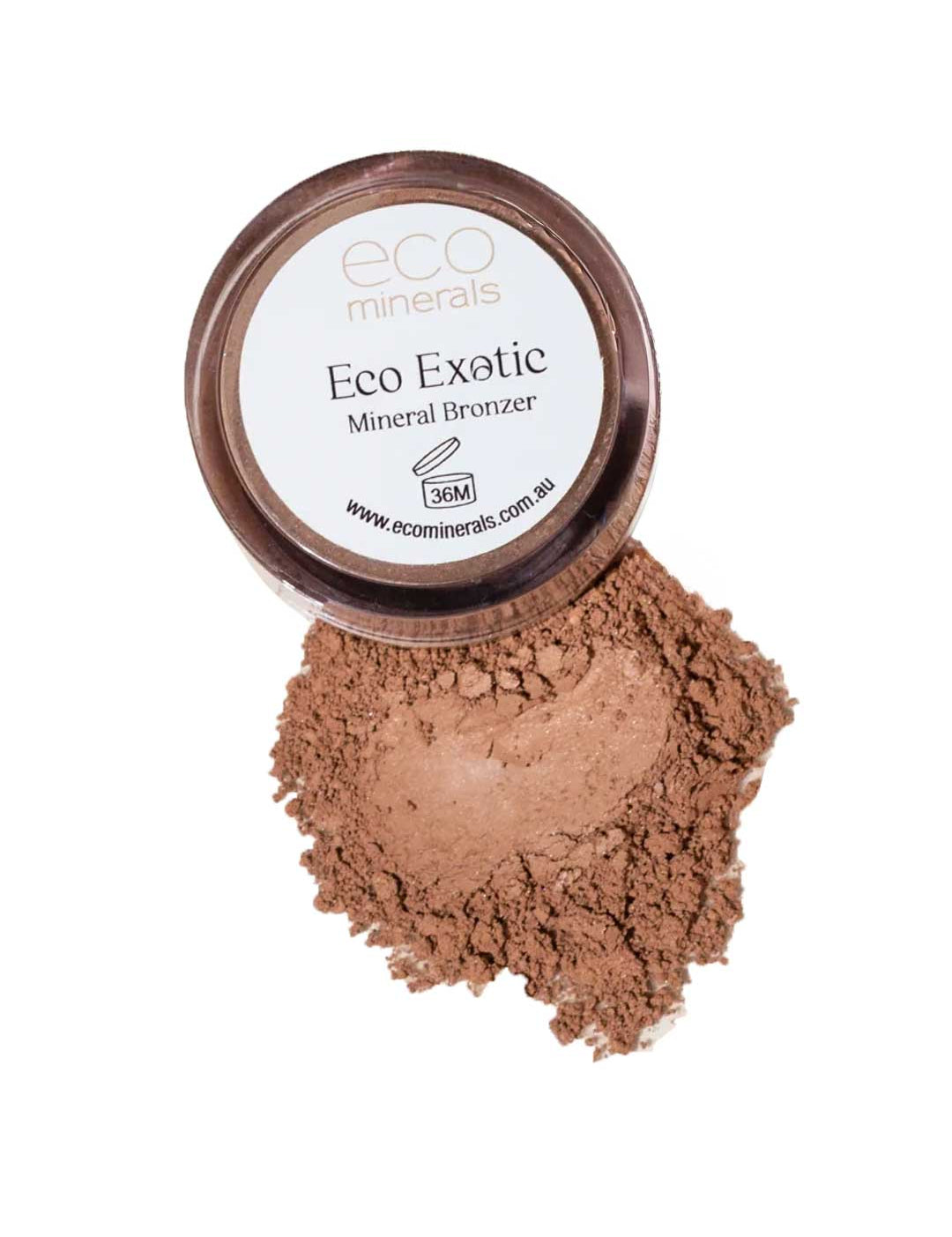 A 4g container of Eco Minerals Mineral Bronzer - Eco Exotic sits on a white background with some vegan, talc-free loose bronzer powder spilled beneath it.
