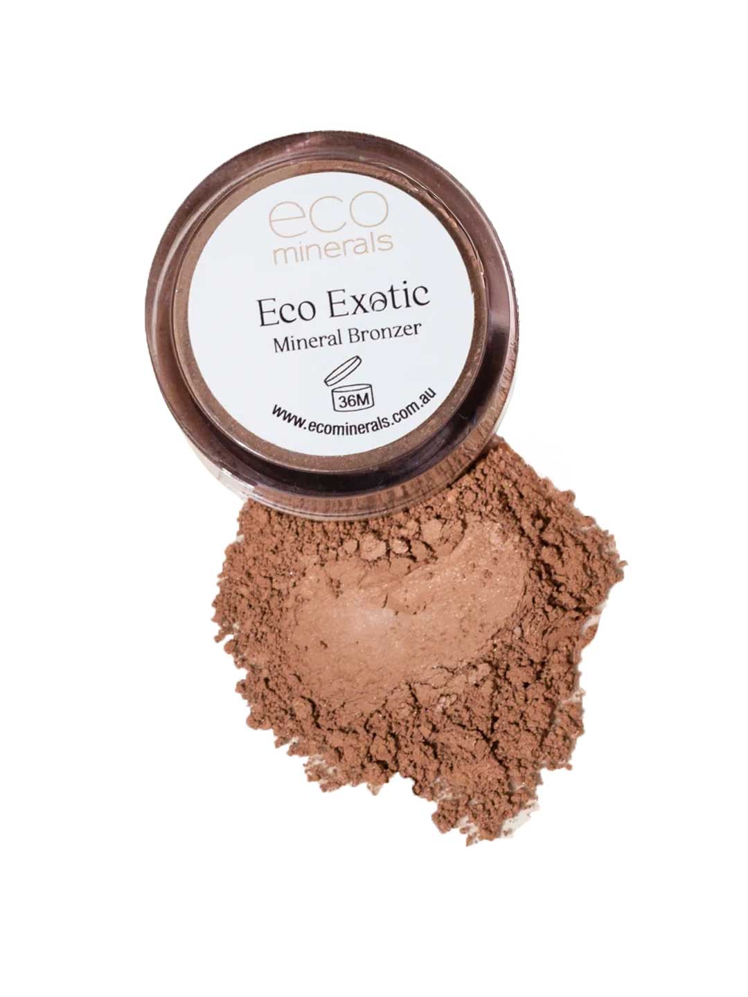 A 4g container of Eco Minerals Mineral Bronzer - Eco Exotic sits on a white background with some vegan, talc-free loose bronzer powder spilled beneath it.