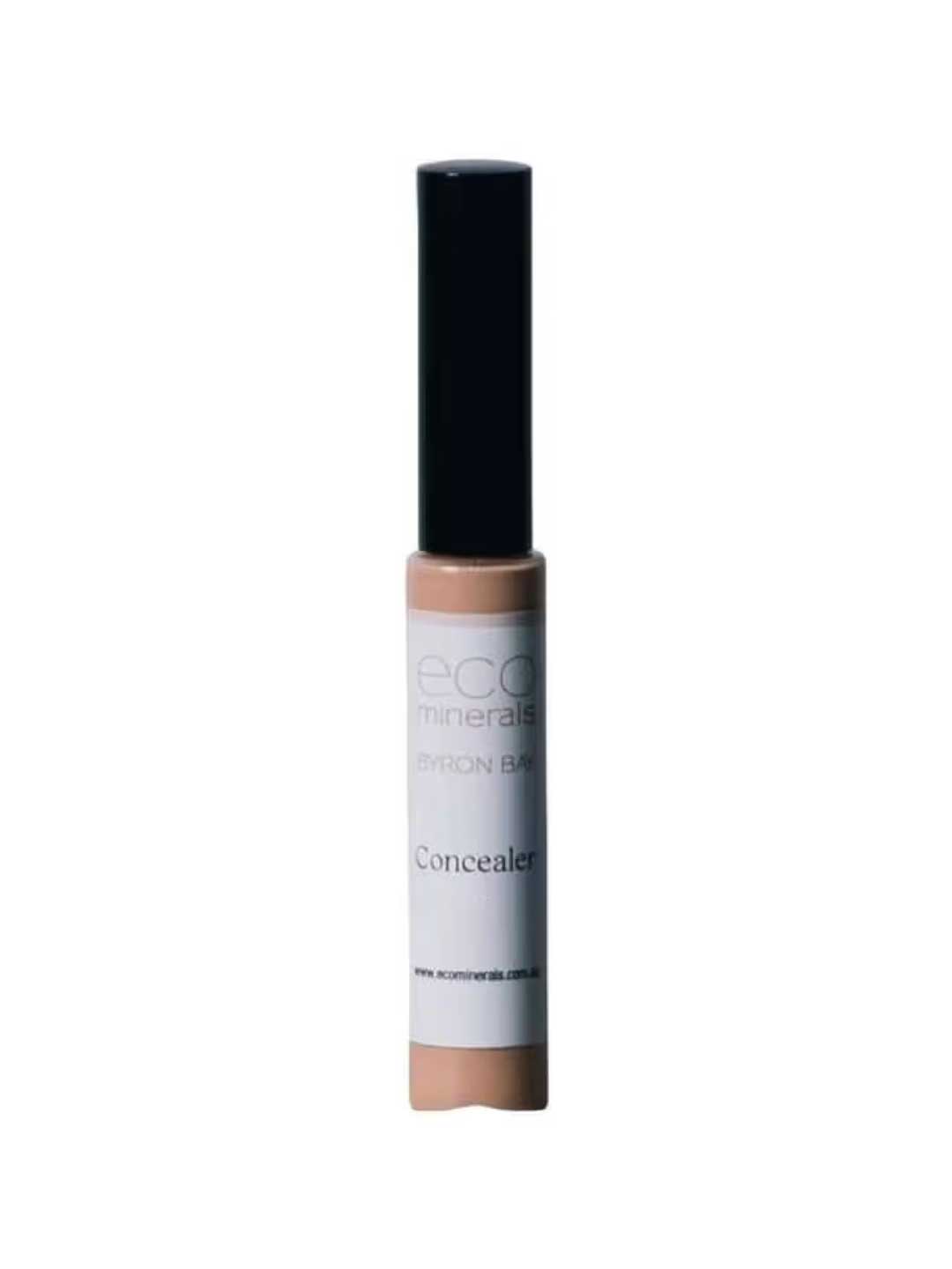 A 5g tube of Eco Minerals Mineral Concealer with a black cap and light beige body, labeled "eco minerals BYRON BAY Concealer," offers full coverage against a white background.