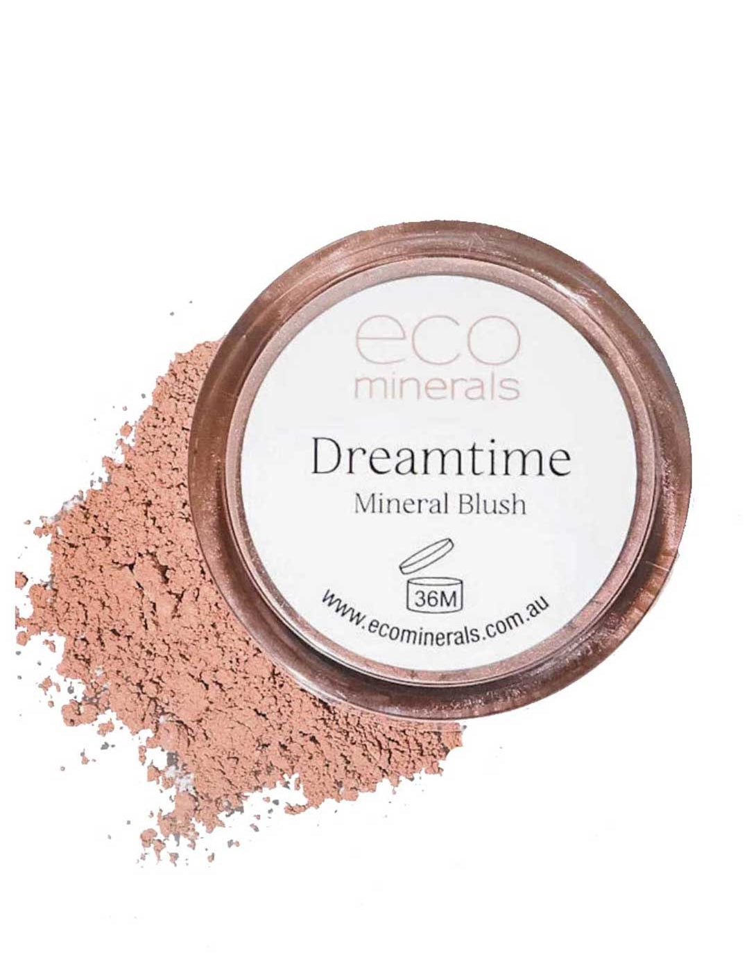 Round container of Eco Minerals Mineral Blush - Dreamtime 4g with loose pink powder spilled beside it on a white background. The label features the product name, website, and promotes eco refills for sustainable beauty.