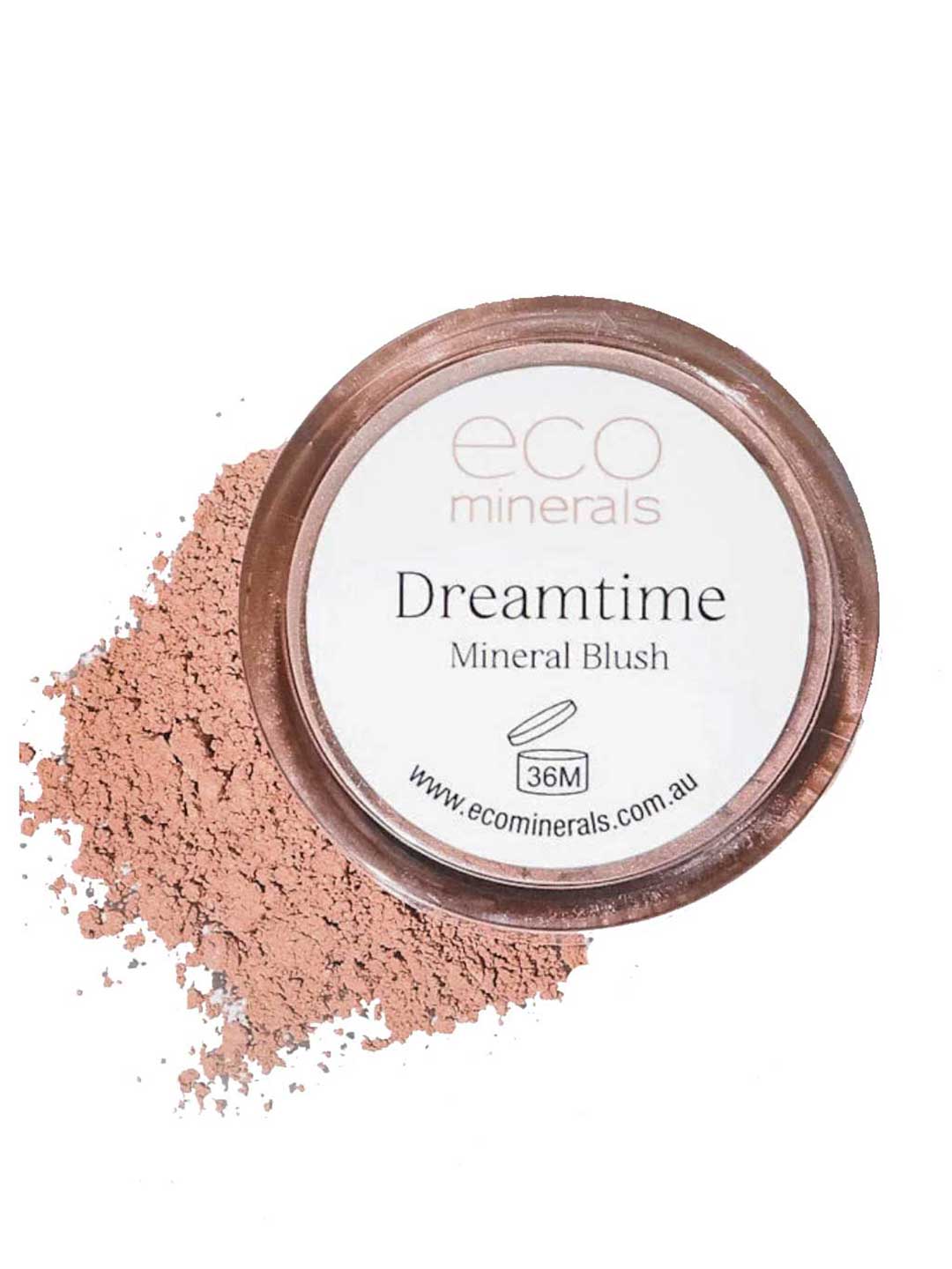 Round container of Eco Minerals Mineral Blush - Dreamtime 4g with loose pink powder spilled beside it on a white background. The label features the product name, website, and promotes eco refills for sustainable beauty.