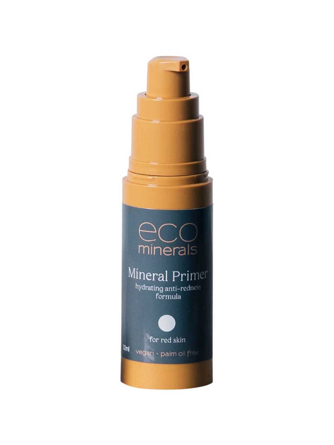 A 32ml bottle of Eco Minerals Mineral Primer for Normal Skin with pump dispenser. This hydrating, vegan, palm oil free makeup primer helps reduce redness.