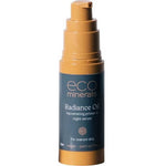 A brown pump bottle of Eco Minerals Radiance Oil Primer 32ml, a nourishing vegan serum and makeup primer for mature skin, palm oil free, shown against a white background.