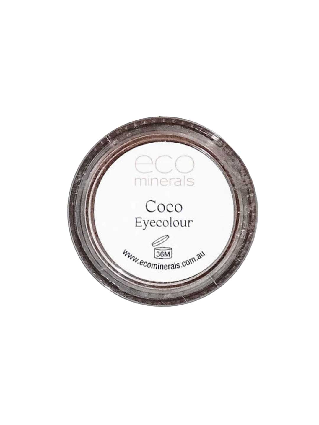 A small round container of Eco Minerals Brow Powder Coco with a clear lid and white label showing the brand, product name, and website—ideal for anyone seeking natural, vegan eyebrow powder.
