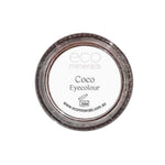 A small round container of Eco Minerals Brow Powder Coco with a clear lid and white label showing the brand, product name, and website—ideal for anyone seeking natural, vegan eyebrow powder.