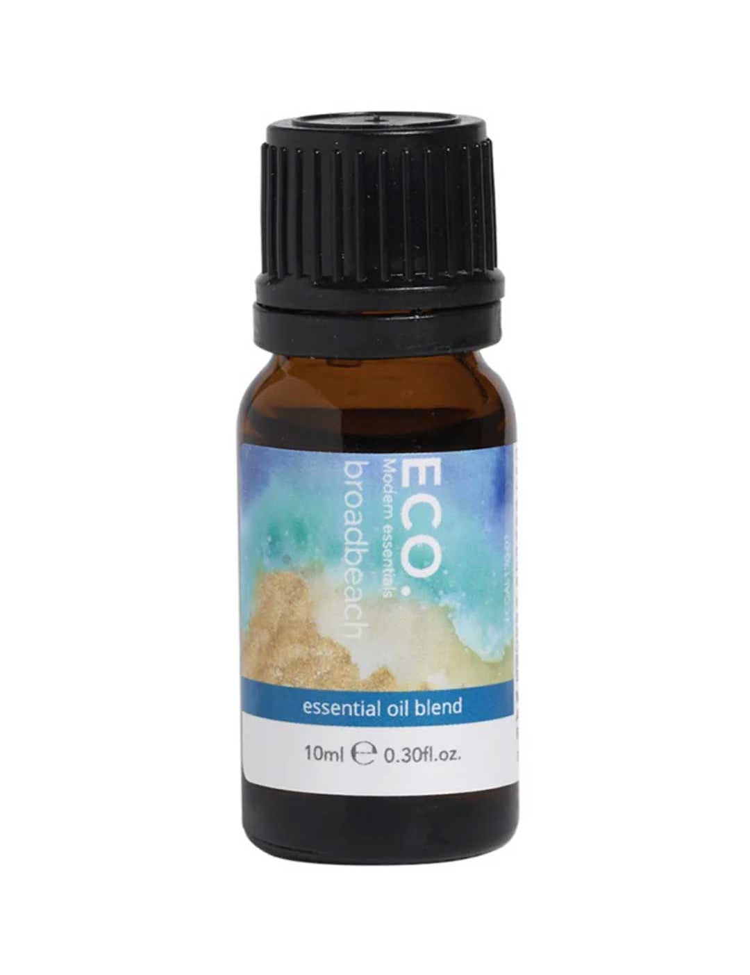 A small amber glass bottle with a black cap labeled ECO. Modern Essentials Broadbeach Essential Oil Blend 10ml, featuring a blue and green wave design—ideal for bringing fresh coastal fragrance to any space.