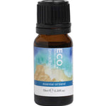 A small amber glass bottle with a black cap labeled ECO. Modern Essentials Broadbeach Essential Oil Blend 10ml, featuring a blue and green wave design—ideal for bringing fresh coastal fragrance to any space.