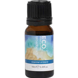 A small amber glass bottle with a black cap labeled ECO. Modern Essentials Broadbeach Essential Oil Blend 10ml, featuring a blue and green wave design—ideal for bringing fresh coastal fragrance to any space.