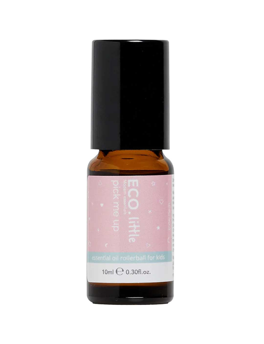The ECO. Modern Essentials Little Pick Me Up Essential Oil Rollerball 10ml comes in a small brown glass bottle with a black cap and a pink and teal label featuring white text and playful icons.