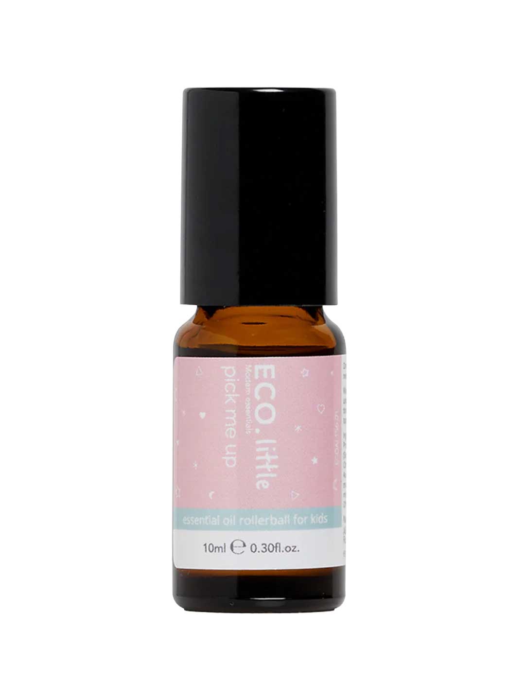 The ECO. Modern Essentials Little Pick Me Up Essential Oil Rollerball 10ml comes in a small brown glass bottle with a black cap and a pink and teal label featuring white text and playful icons.