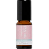 The ECO. Modern Essentials Little Pick Me Up Essential Oil Rollerball 10ml comes in a small brown glass bottle with a black cap and a pink and teal label featuring white text and playful icons.