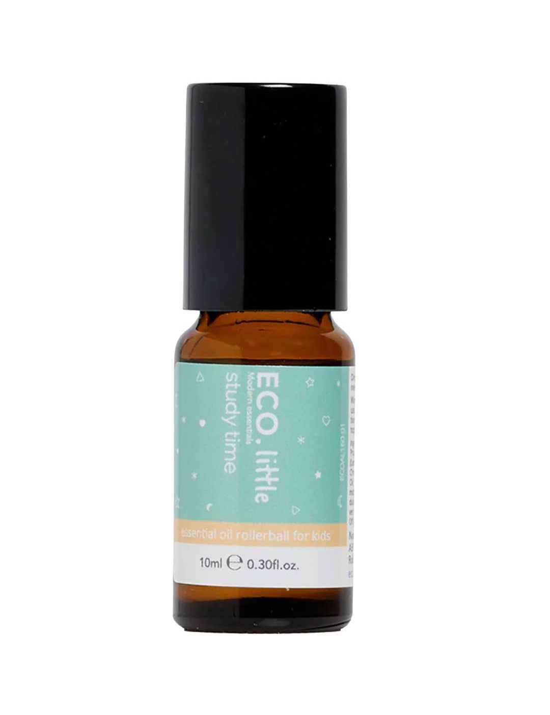 A small brown glass bottle with a black cap and teal label, ECO. Modern Essentials Little Study Time Essential Oil Rollerball 10ml, features lemon essential oil to help kids boost focus during study sessions.