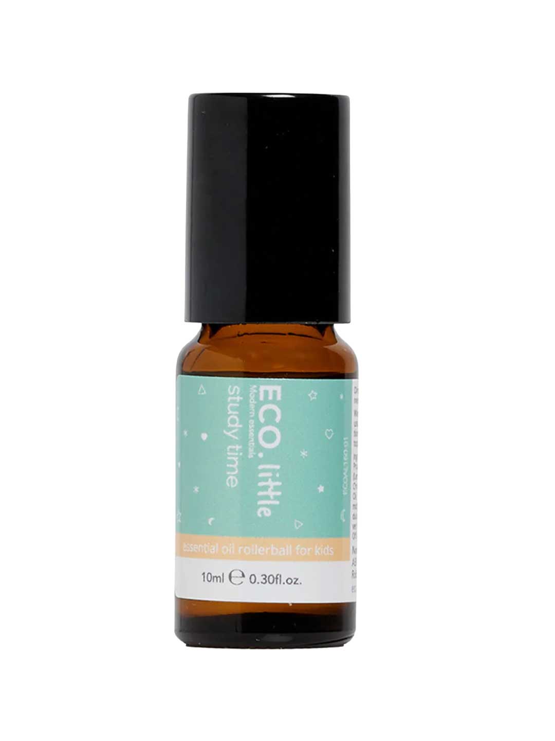 A small brown glass bottle with a black cap and teal label, ECO. Modern Essentials Little Study Time Essential Oil Rollerball 10ml, features lemon essential oil to help kids boost focus during study sessions.
