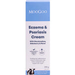 The tall white and blue box of MooGoo Eczema & Psoriasis Cream with Marshmallow, Elderberry & More, dermatologically tested for sensitive skin, features a cow illustration and offers gentle relief for eczema and dermatitis.