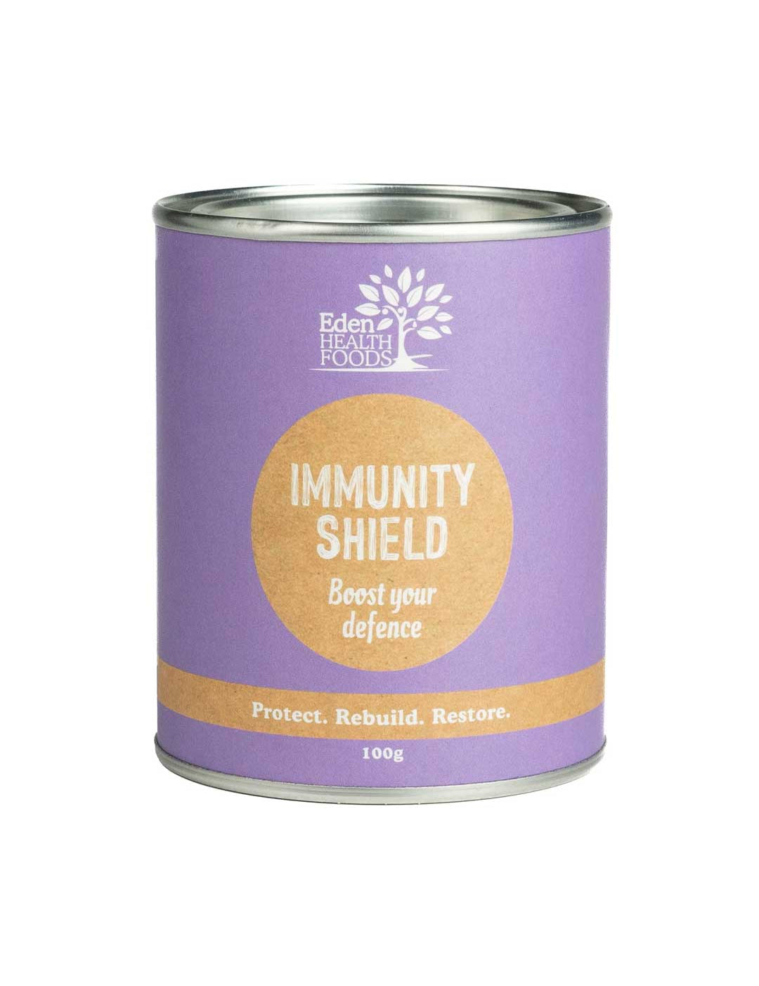 A cylindrical purple tin labeled Eden Healthfoods Immunity Shield 100g features "Boost your defence," "Protect. Rebuild. Restore.", certified organic, and Echinacea angustifolia for immune support on the front.