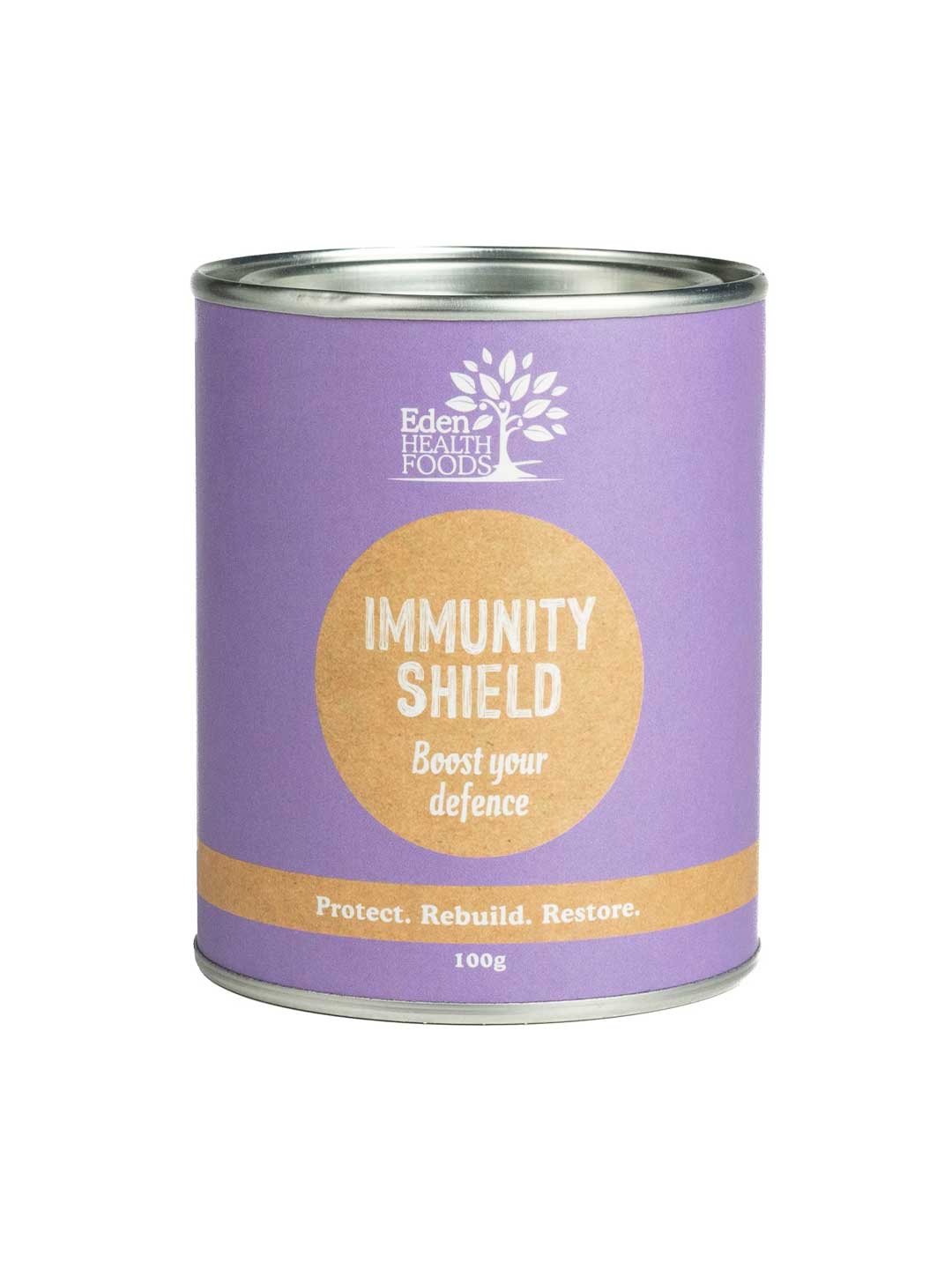 A cylindrical purple tin labeled Eden Healthfoods Immunity Shield 100g features "Boost your defence," "Protect. Rebuild. Restore.", certified organic, and Echinacea angustifolia for immune support on the front.