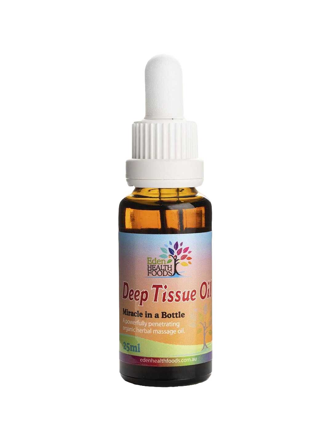 A 25ml amber dropper bottle labeled Eden Healthfoods Deep Tissue Oil Massage Oil, known as "Miracle in a Bottle," features a white cap and offers organic, natural muscle relief.
