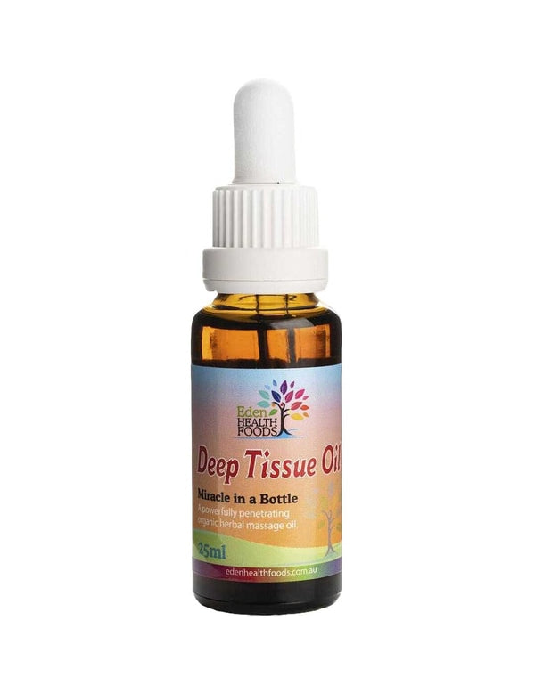 A 25ml amber dropper bottle labeled Eden Healthfoods Deep Tissue Oil Massage Oil, known as "Miracle in a Bottle," features a white cap and offers organic, natural muscle relief.