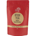 A red stand-up pouch of Edible Herbs Organic Dtox Tea Blend, featuring a beige circular label with black text on a white background.
