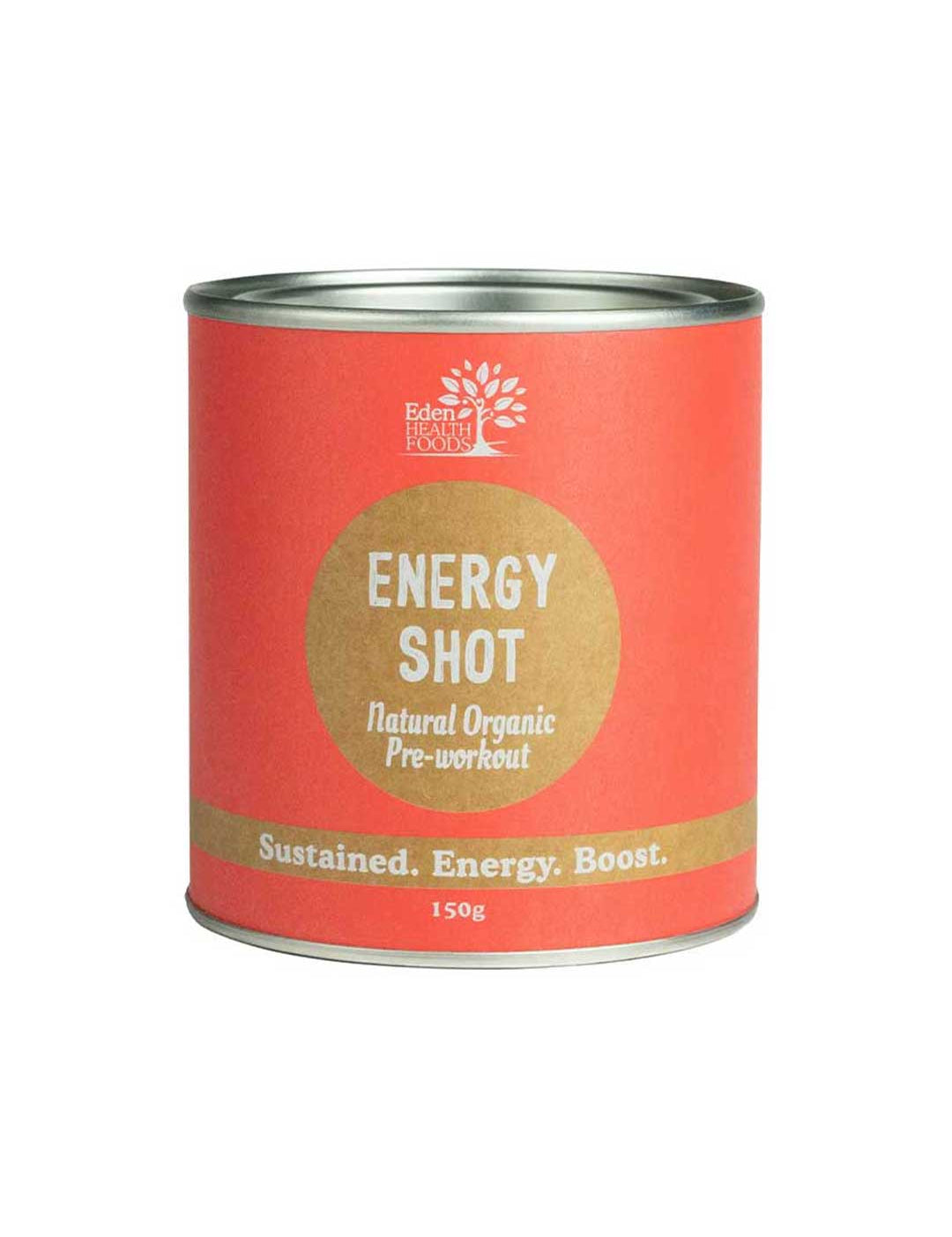 A cylindrical container with a red label reading “Eden Healthfoods Energy Shot Pre-Workout.” This natural energy supplement provides sustained energy and contains 150g of invigorating formula.