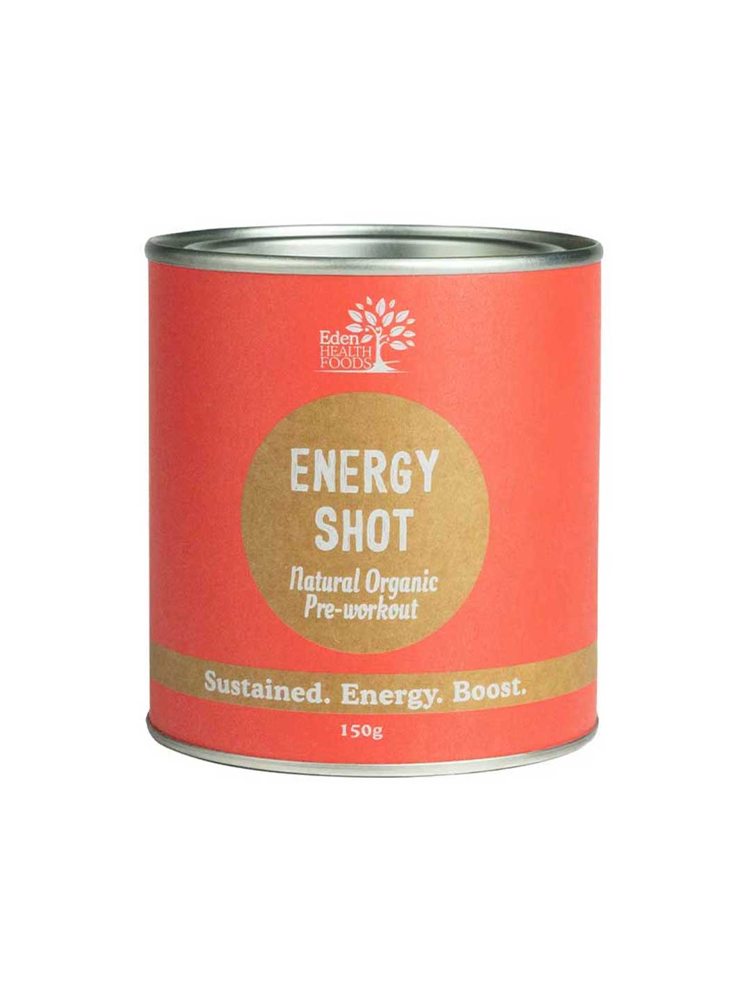 A cylindrical container with a red label reading “Eden Healthfoods Energy Shot Pre-Workout.” This natural energy supplement provides sustained energy and contains 150g of invigorating formula.