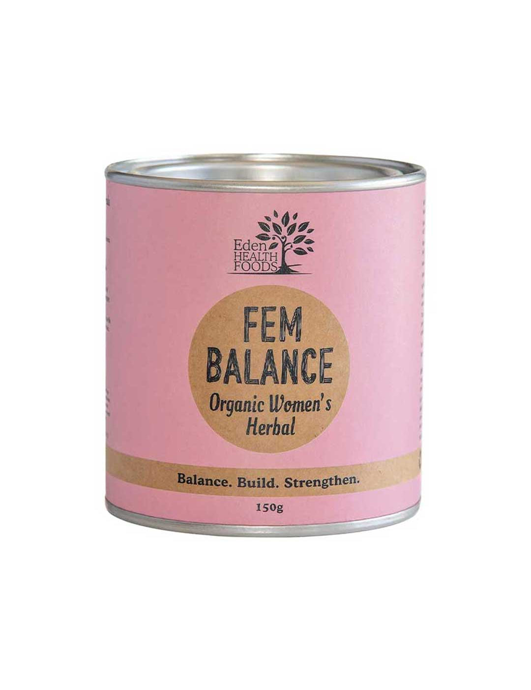 A pink tin labeled Eden Healthfoods Fem Balance 150g sits against a white background. This organic herbal blend with Dong Quai supports female hormonal balance. Tagline: Balance. Build. Strengthen.