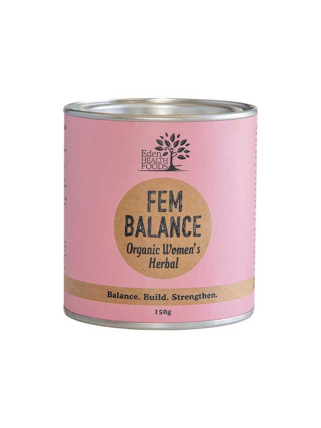 A pink tin labeled Eden Healthfoods Fem Balance 150g sits against a white background. This organic herbal blend with Dong Quai supports female hormonal balance. Tagline: Balance. Build. Strengthen.