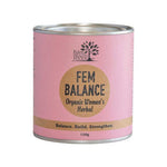 A pink tin labeled Eden Healthfoods Fem Balance 150g sits against a white background. This organic herbal blend with Dong Quai supports female hormonal balance. Tagline: Balance. Build. Strengthen.