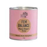 A pink tin labeled Eden Healthfoods Fem Balance 150g sits against a white background. This organic herbal blend with Dong Quai supports female hormonal balance. Tagline: Balance. Build. Strengthen.