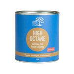 Eden Healthfoods High Octane Caffeine-free Power & Energy 150g is a berry-apple flavored natural supplement in a blue and gold canister, featuring invigorating ginseng for energy—all without caffeine.