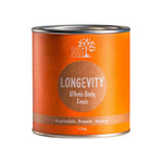 A cylindrical orange and brown can of Eden Healthfoods Longevity Whole Body Tonic 150g, featuring "Replenish. Repair. Renew.", is an organic whole body tonic crafted from traditional herbs as a longevity formula.