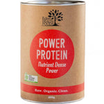Eden Healthfoods Power Protein 400g comes in a brown can with a large red circle label stating "Power Protein Nutrient Dense Power" and "Raw. Organic. Clean.", highlighting its organic blend of brown rice and hemp protein powder.