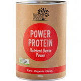 Eden Healthfoods Power Protein 400g comes in a brown can with a large red circle label stating "Power Protein Nutrient Dense Power" and "Raw. Organic. Clean.", highlighting its organic blend of brown rice and hemp protein powder.